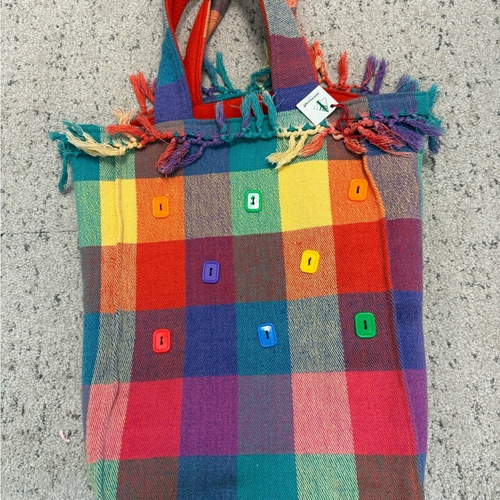 Mooncraft handmade NWT  button Red and Orange TasseledTote Bag lined flannel red - Picture 2 of 13